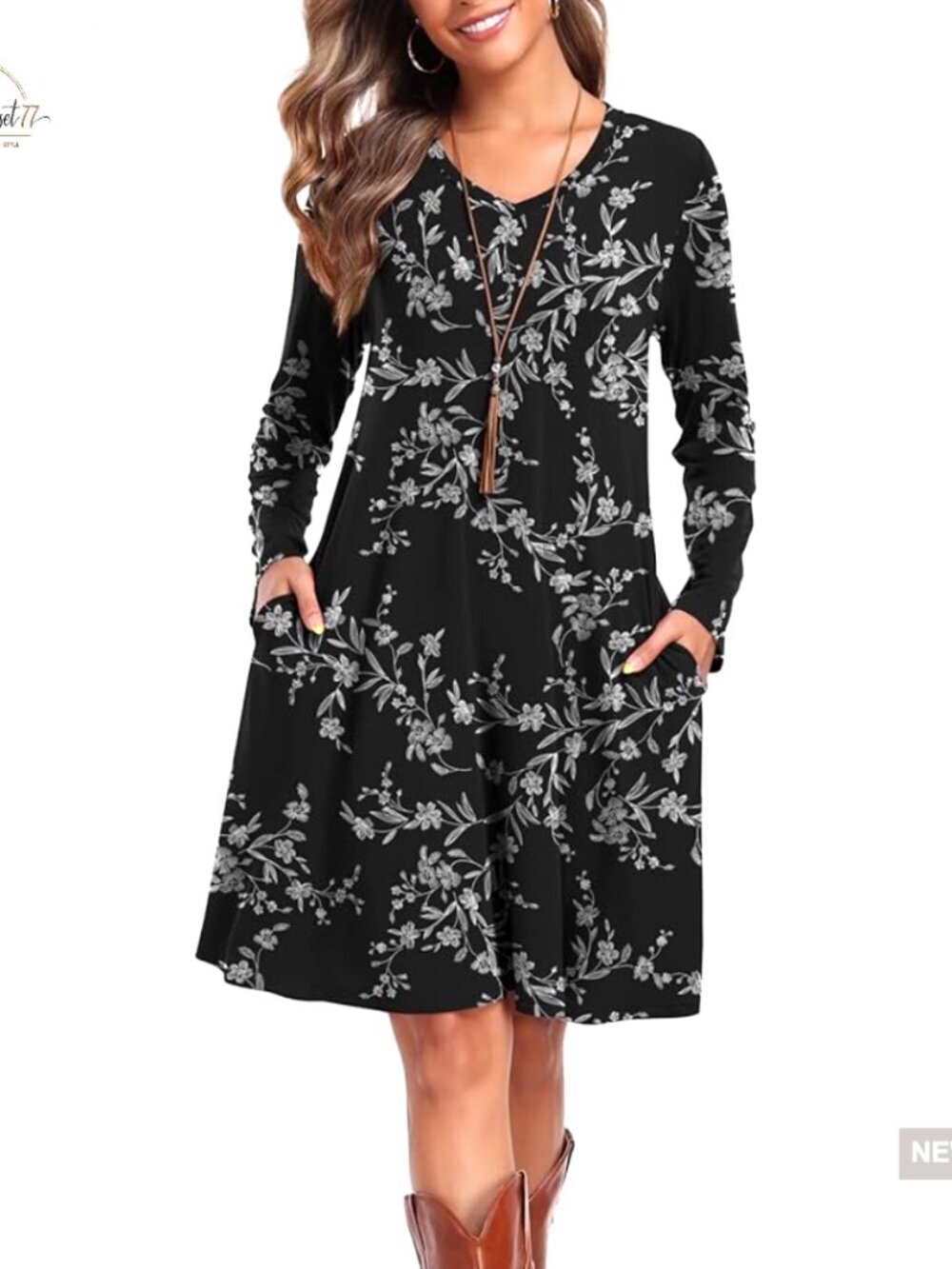 Long Sleeve T-Shirt Dress with Pockets Loose Swing Fit Casual Wear